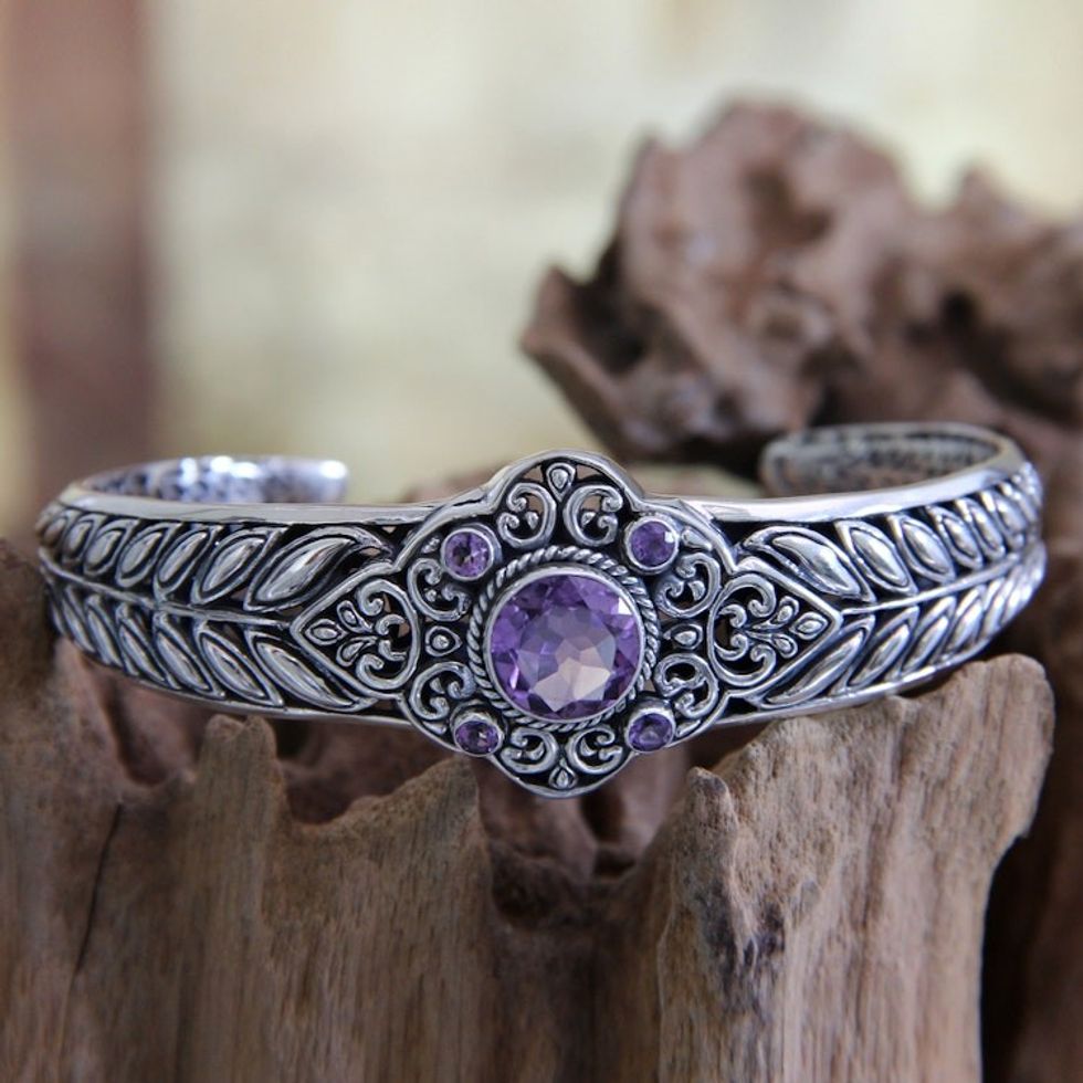 Sterling Silver and Amethyst Cuff Bracelet 'Rice Divine'