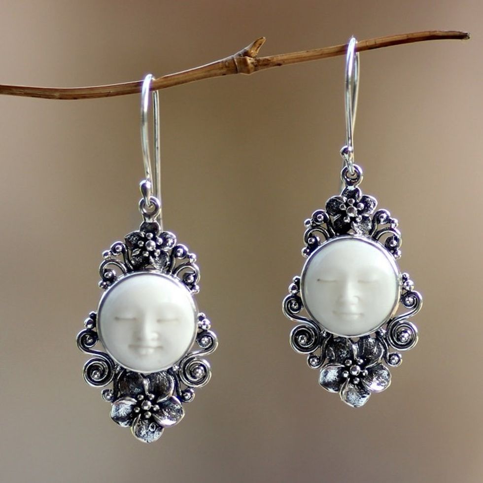 Artisan Crafted Cow Bone and Sterling Silver Earrings 'Frangipani Garden'