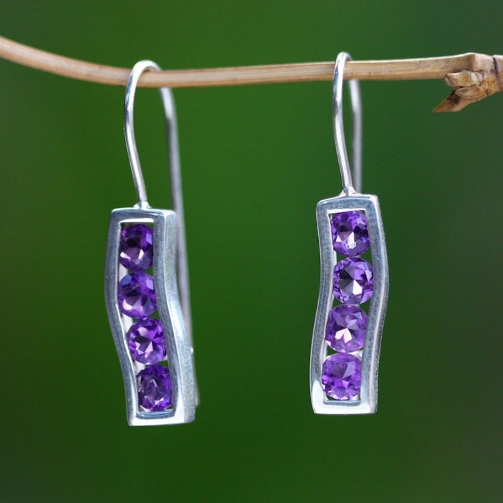 Amethyst and Sterling Silver Drop Earrings 'Ribbon'