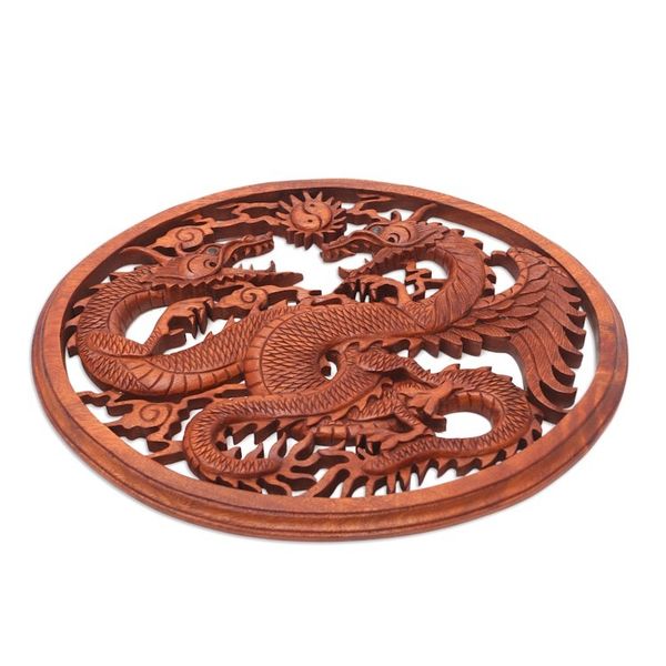 Alternate image for Carved Wood Dragon Relief Panel Naga Duality