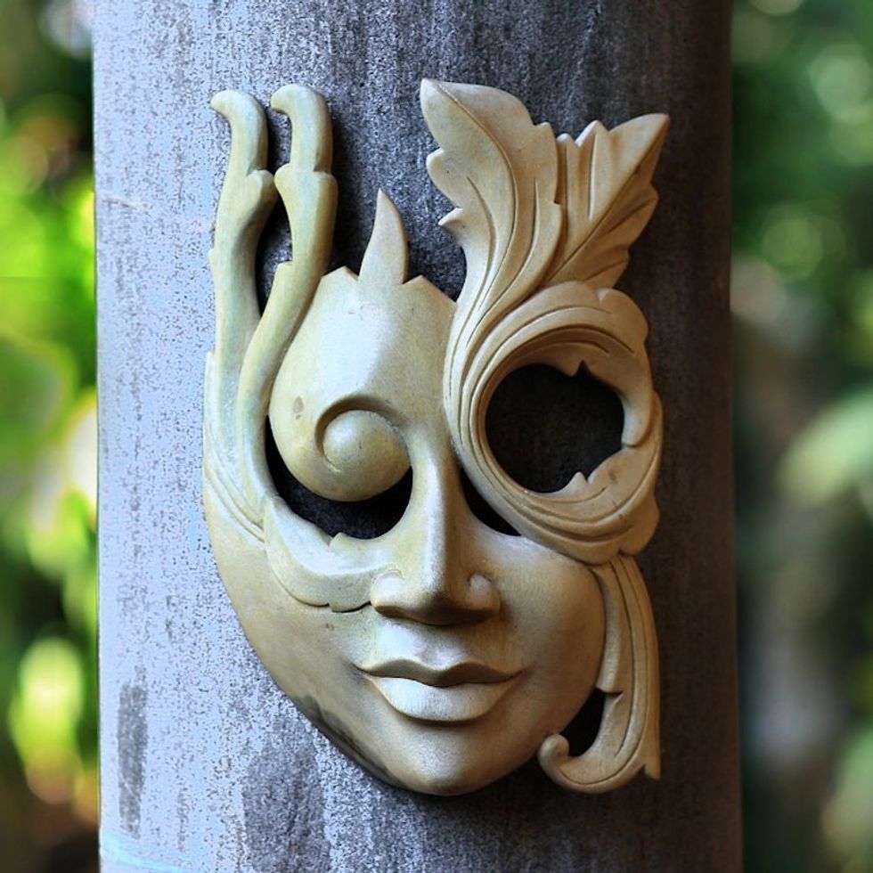 Modern Hibiscus Wood Mask 'Blossoming Woman'