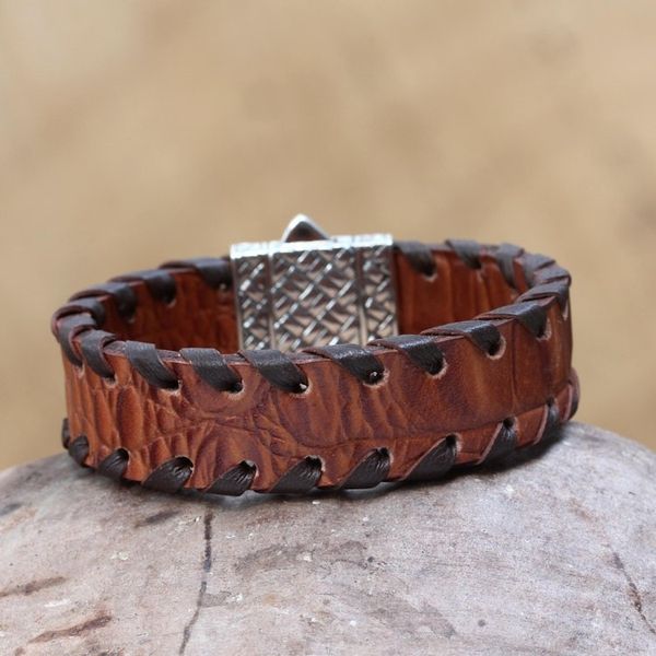 Alternate image for Mens Brown Leather Wristband Bracelet Weaver