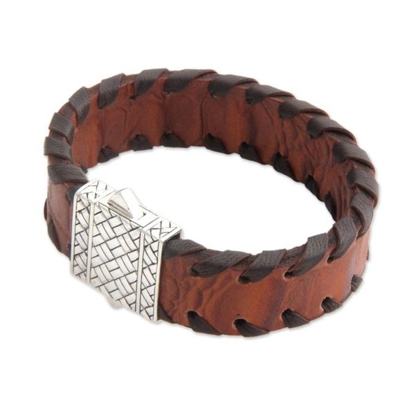 Alternate image for Mens Brown Leather Wristband Bracelet Weaver