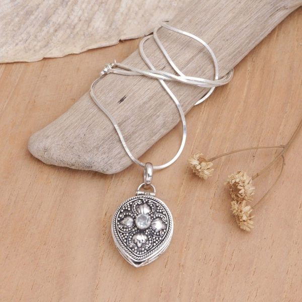 Alternate image for Handcrafted Sterling Silver and Blue Topaz Locket Necklace Sparkling Love