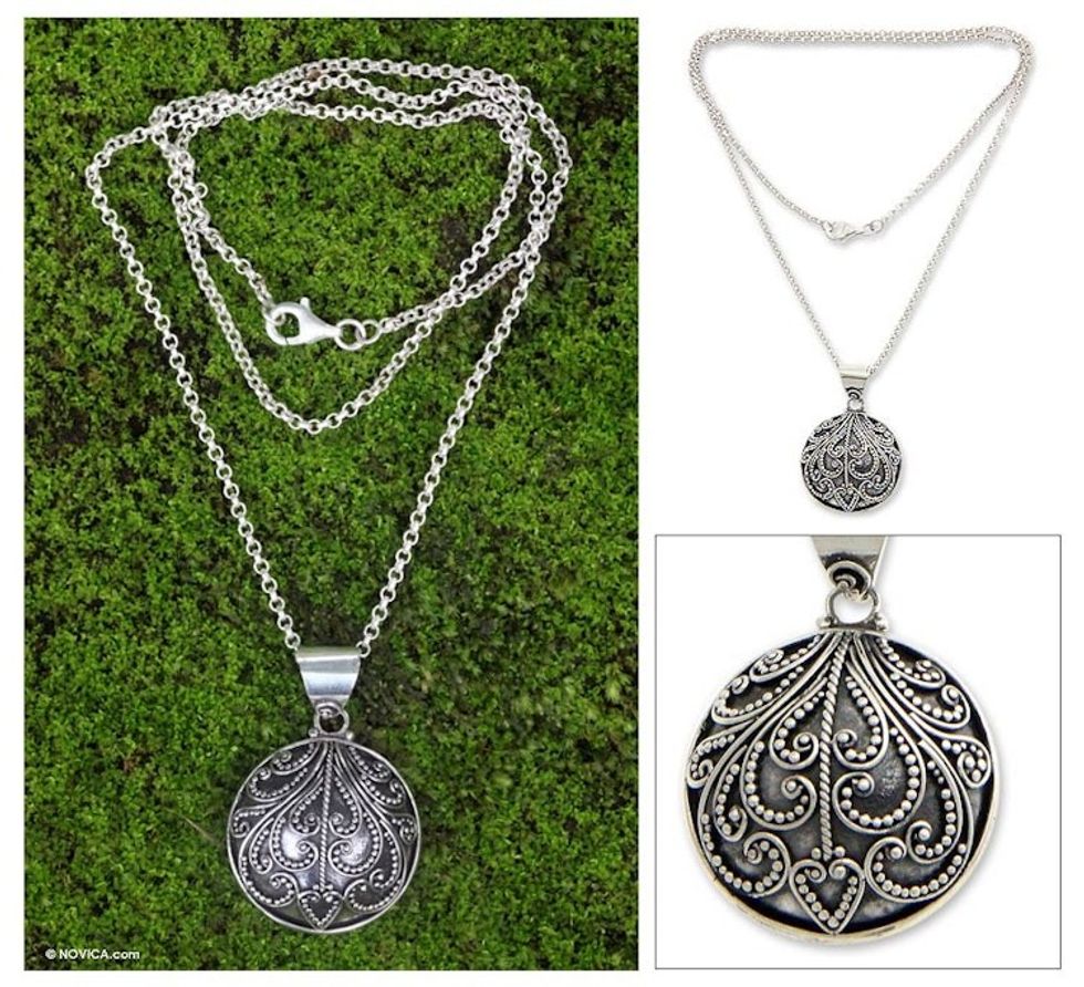 Sterling Silver Pendant Necklace from Indonesia 'Fern Flower Charm'