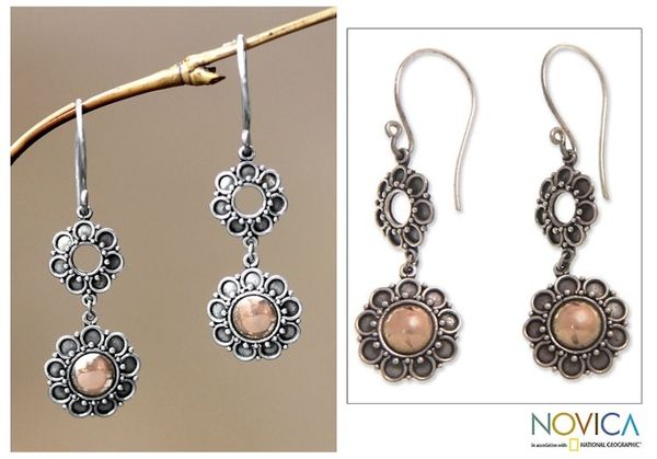 Alternate image for Handmade Floral 18k Gold and Silver Dangle Earrings Sunflowers