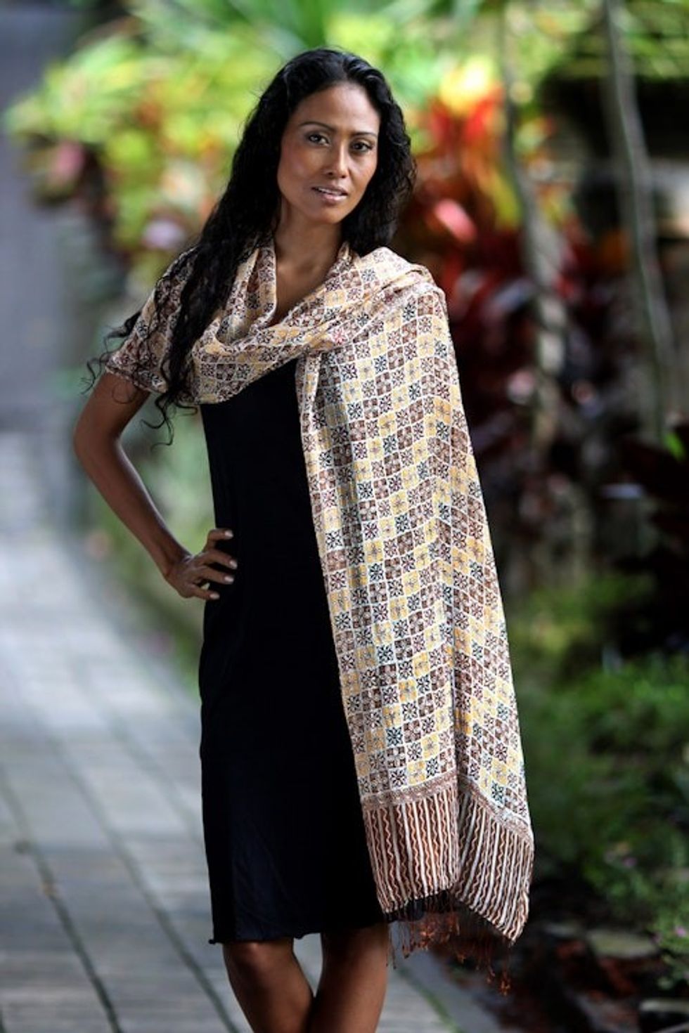 Silk batik shawl 'Golden Lotus Floral'