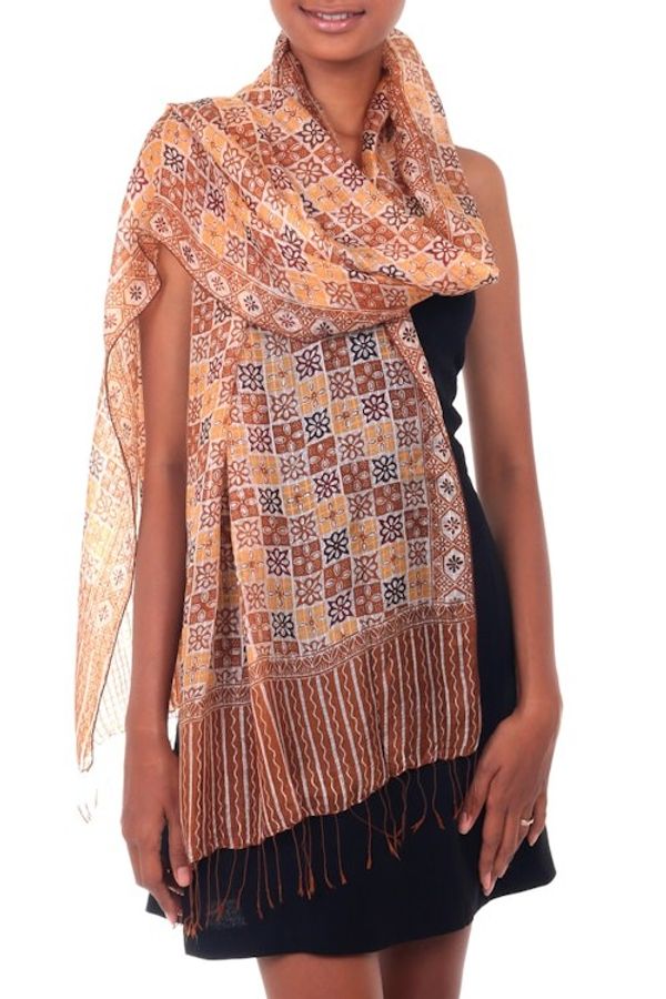 Alternate image for Silk batik shawl Golden Lotus Floral