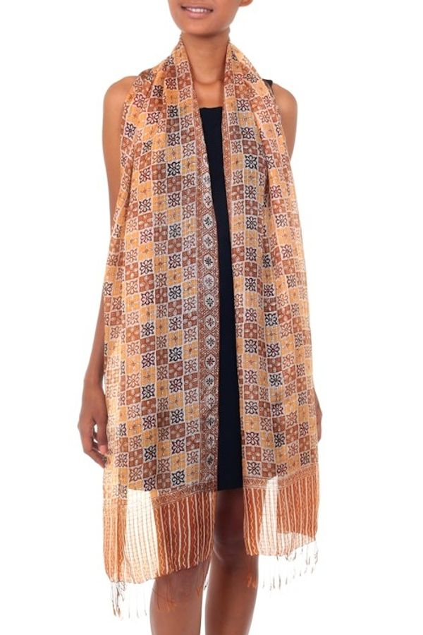 Alternate image for Silk batik shawl Golden Lotus Floral