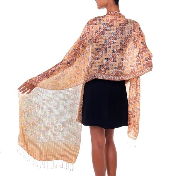 Alternate image for Silk batik shawl Golden Lotus Floral