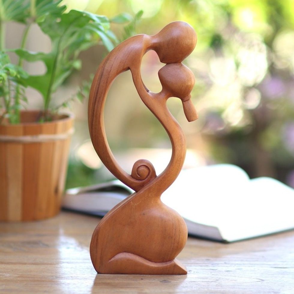 Suar Wood Family Sculpture 'A Mother's Kiss'