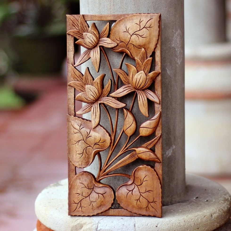 Hand Crafted Wood Floral Relief Panel 'Love Lotus'