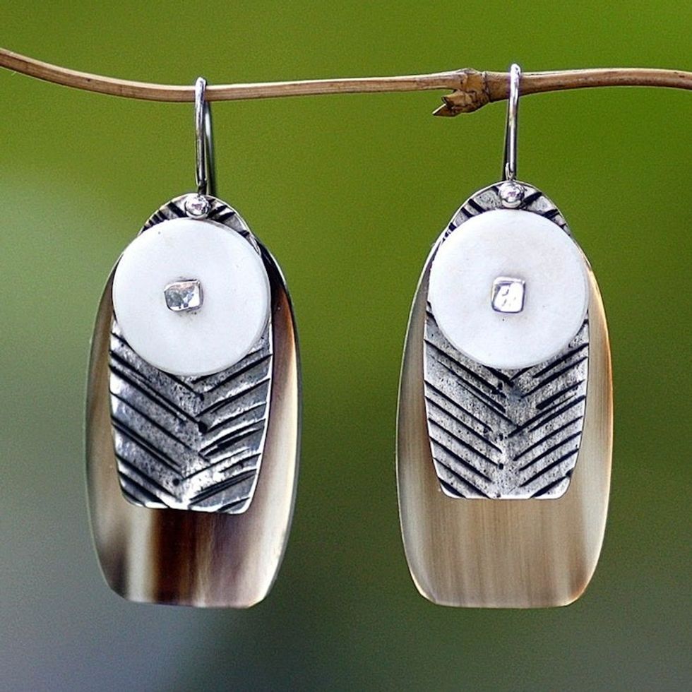 Sterling silver and cow horn dangle earrings 'Seagull'