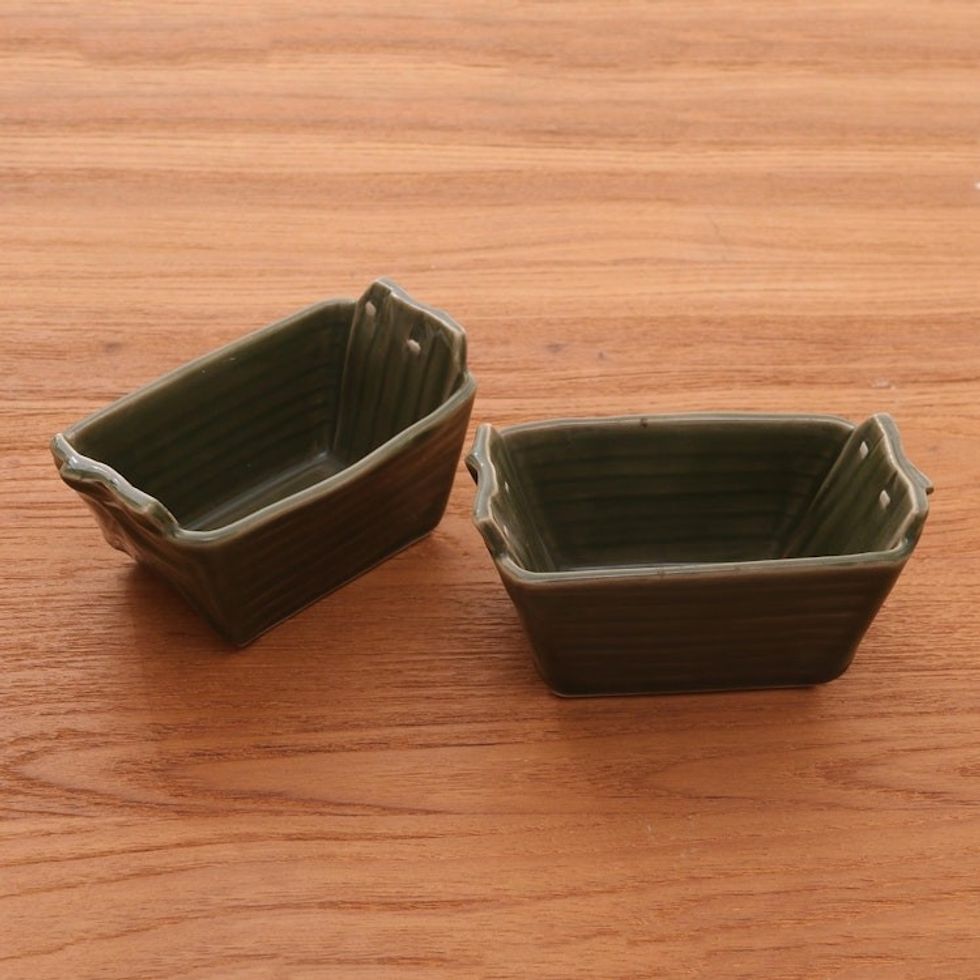 Green Stoneware Ceramic Bowls Pair 'Folded Bananas'