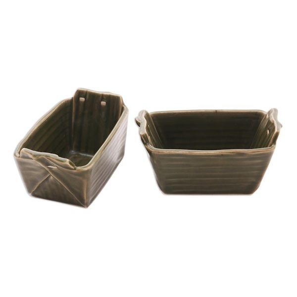 Alternate image for Green Stoneware Ceramic Bowls Pair Folded Bananas