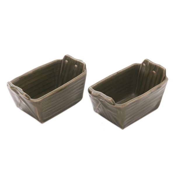 Alternate image for Green Stoneware Ceramic Bowls Pair Folded Bananas