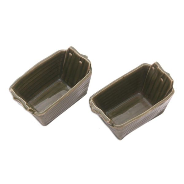 Alternate image for Green Stoneware Ceramic Bowls Pair Folded Bananas