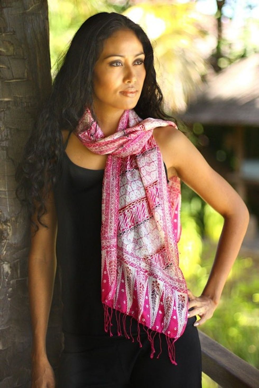 Hand Crafted Batik Silk Patterned Scarf from Indonesia 'Pink Fantasy'