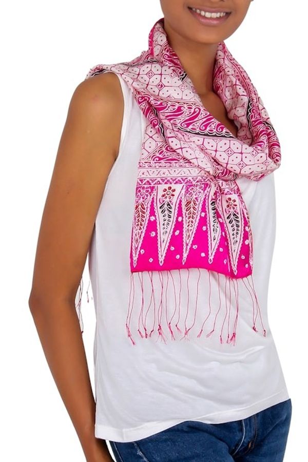 Alternate image for Hand Crafted Batik Silk Patterned Scarf from Indonesia Pink Fantasy