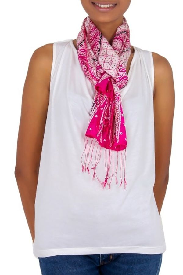 Alternate image for Hand Crafted Batik Silk Patterned Scarf from Indonesia Pink Fantasy