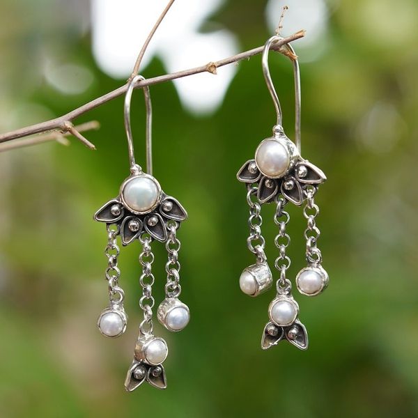 Alternate image for Sterling Silver Pearl Chandelier Earrings Moonlight Lotus