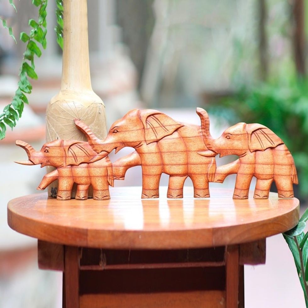 Wood Elephant Relief Panel 'Hand in Hand'