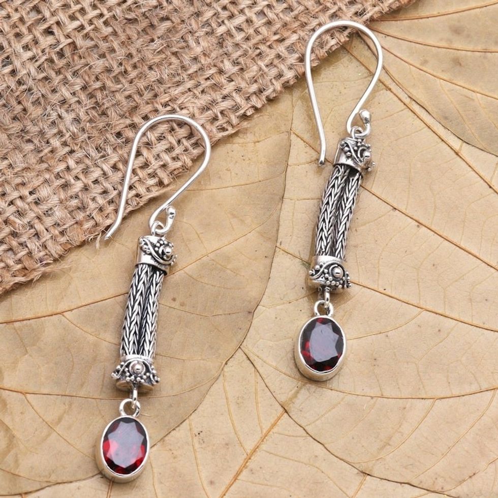 Sterling Silver Garnet Dangle Earrings 'Bali Birthright'
