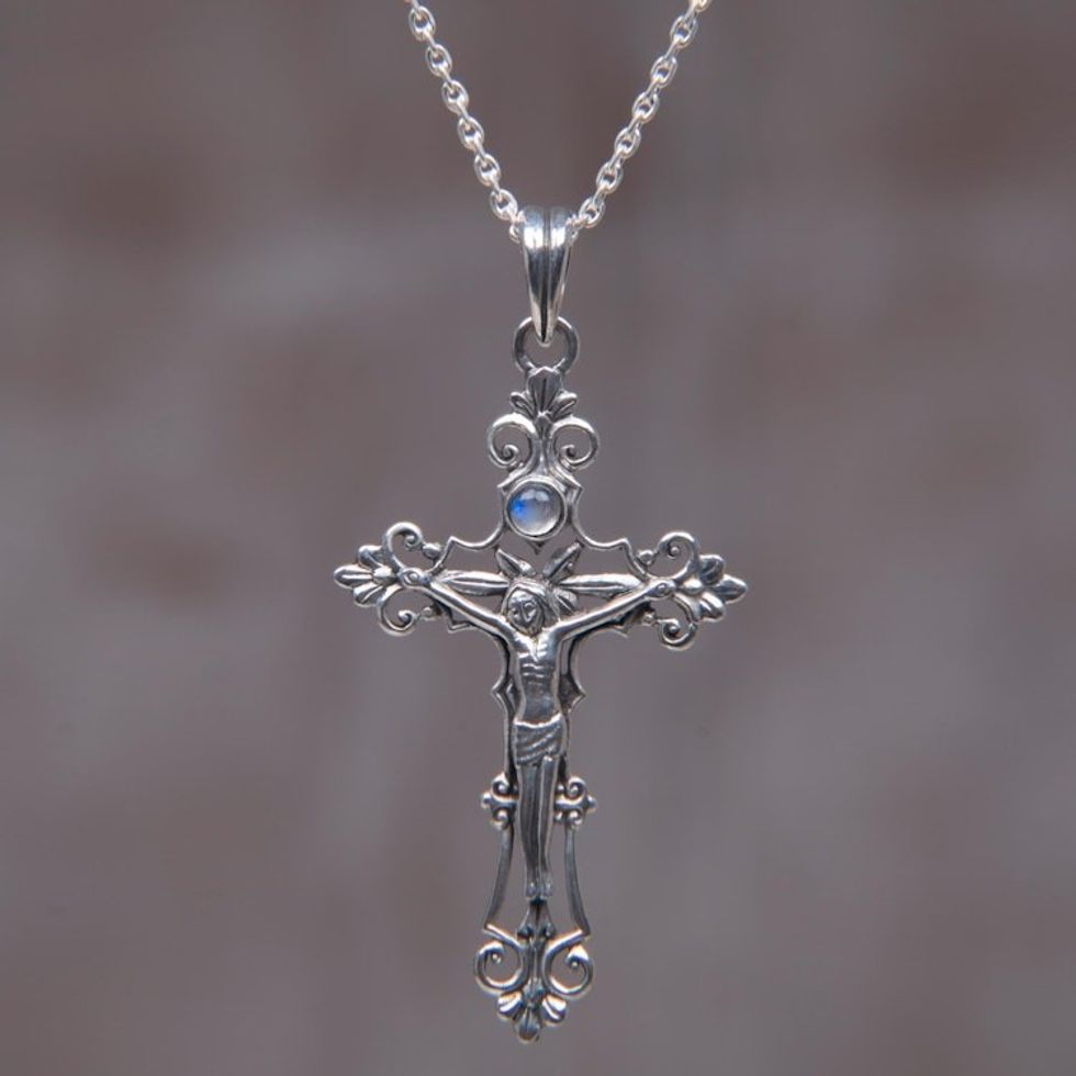 Sterling Silver Rainbow Moonstone Cross Necklace 'Moon Crucifix'