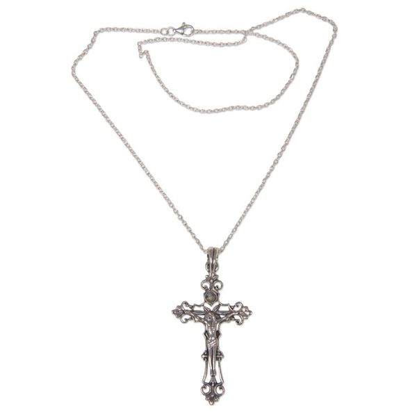 Alternate image for Sterling Silver Rainbow Moonstone Cross Necklace Moon Crucifix