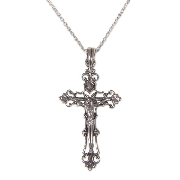 Alternate image for Sterling Silver Rainbow Moonstone Cross Necklace Moon Crucifix
