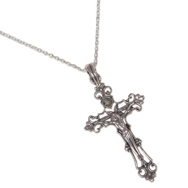 Alternate image for Sterling Silver Rainbow Moonstone Cross Necklace Moon Crucifix