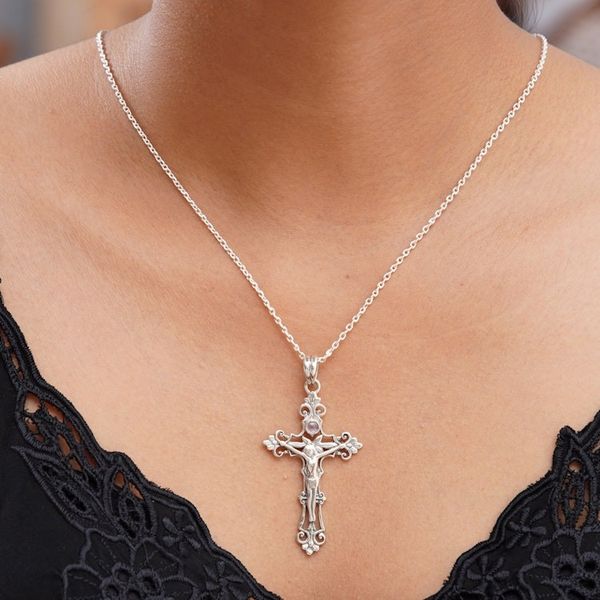 Alternate image for Sterling Silver Rainbow Moonstone Cross Necklace Moon Crucifix