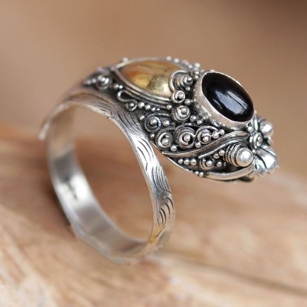 Handcrafted Sterling Silver and Onyx Wrap Ring 'Dragon'