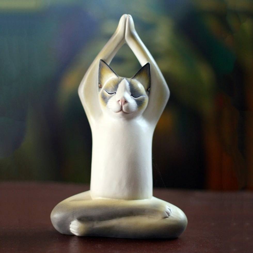 Albesia Wood Sculpture 'Toward the Sky Yoga Cat'