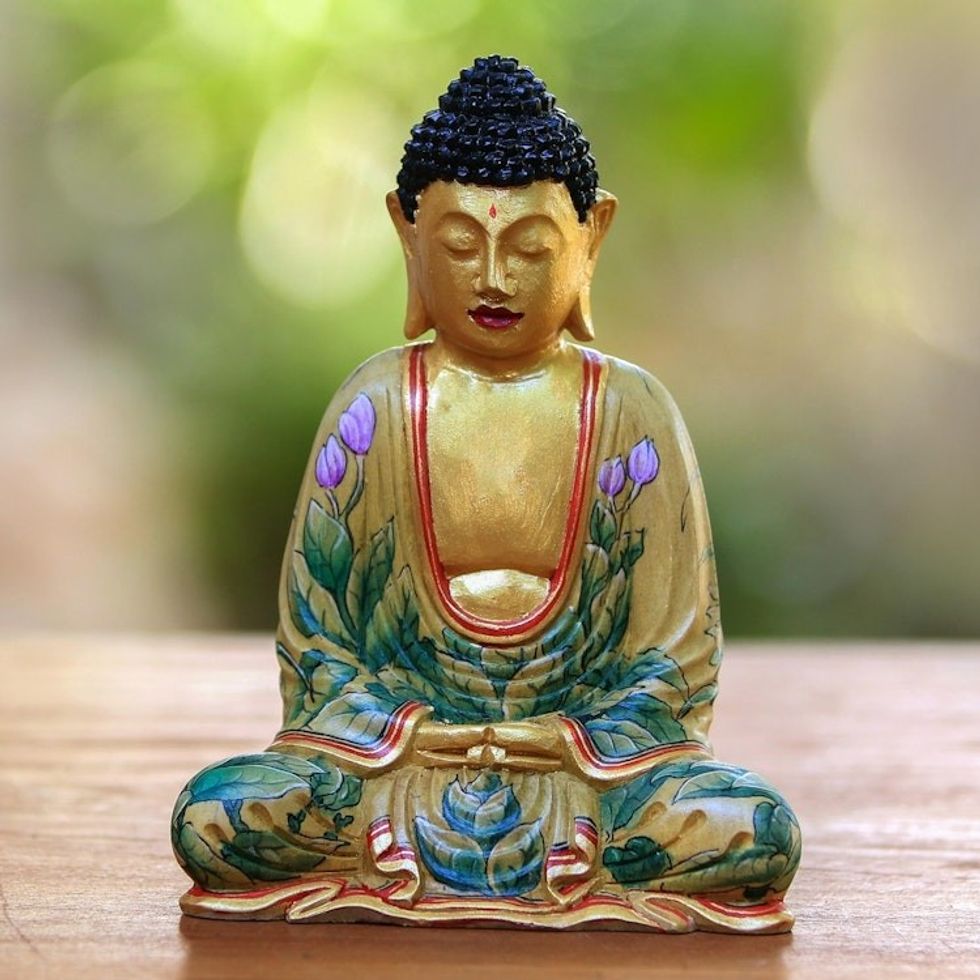 Hand Painted Wood Sculpture 'Buddha of Paradise'