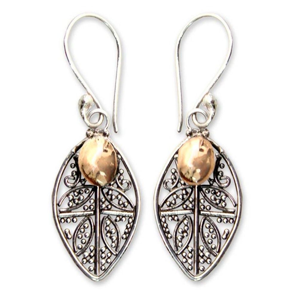 18k Gold Accent Sterling Silver Dangle Earrings 'Golden Dew'