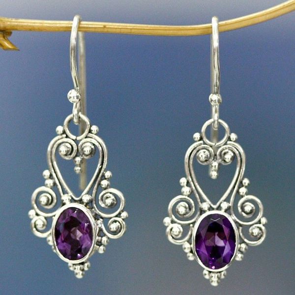 Alternate image for Sterling Silver and Amethyst Dangle Earrings Queen of Hearts