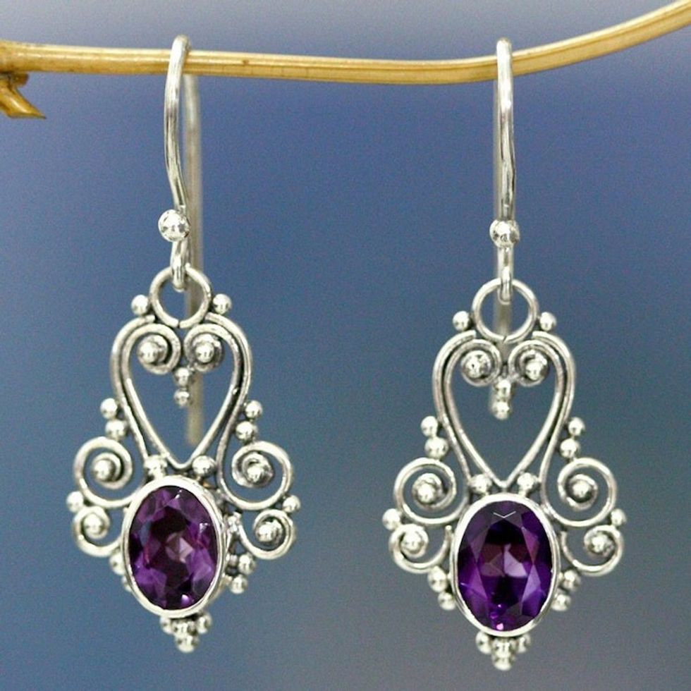 Sterling Silver and Amethyst Dangle Earrings 'Queen of Hearts'