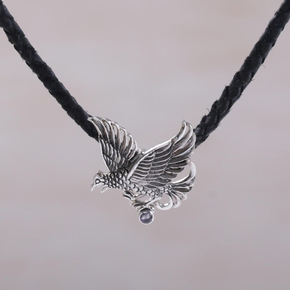 Men's Sterling Silver and Leather Pendant Necklace 'Silver Hawk'