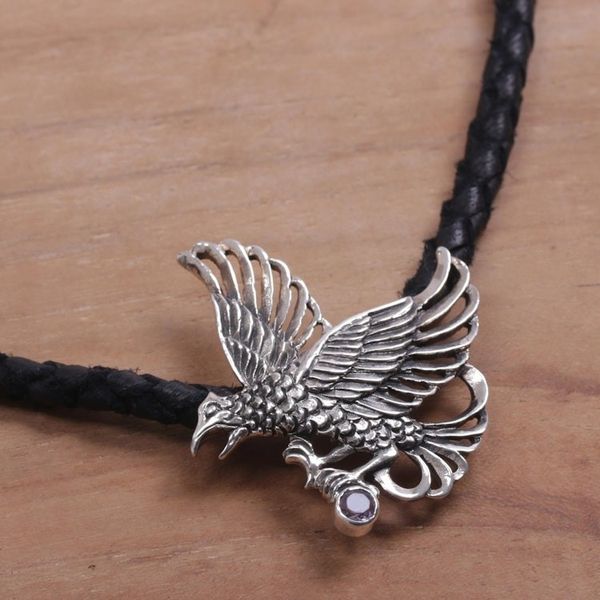 Alternate image for Mens Sterling Silver and Leather Pendant Necklace Silver Hawk