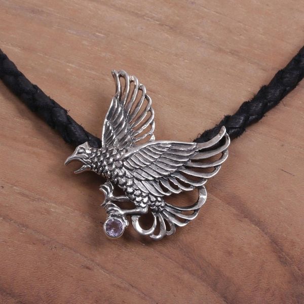 Alternate image for Mens Sterling Silver and Leather Pendant Necklace Silver Hawk