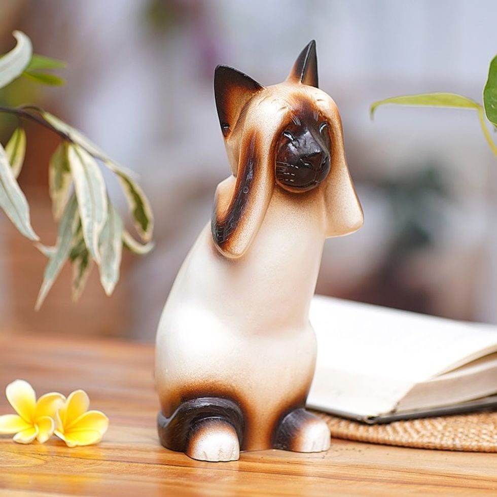Handcrafted Albesia Wood Sculpture 'See No Evil Siamese Cat'