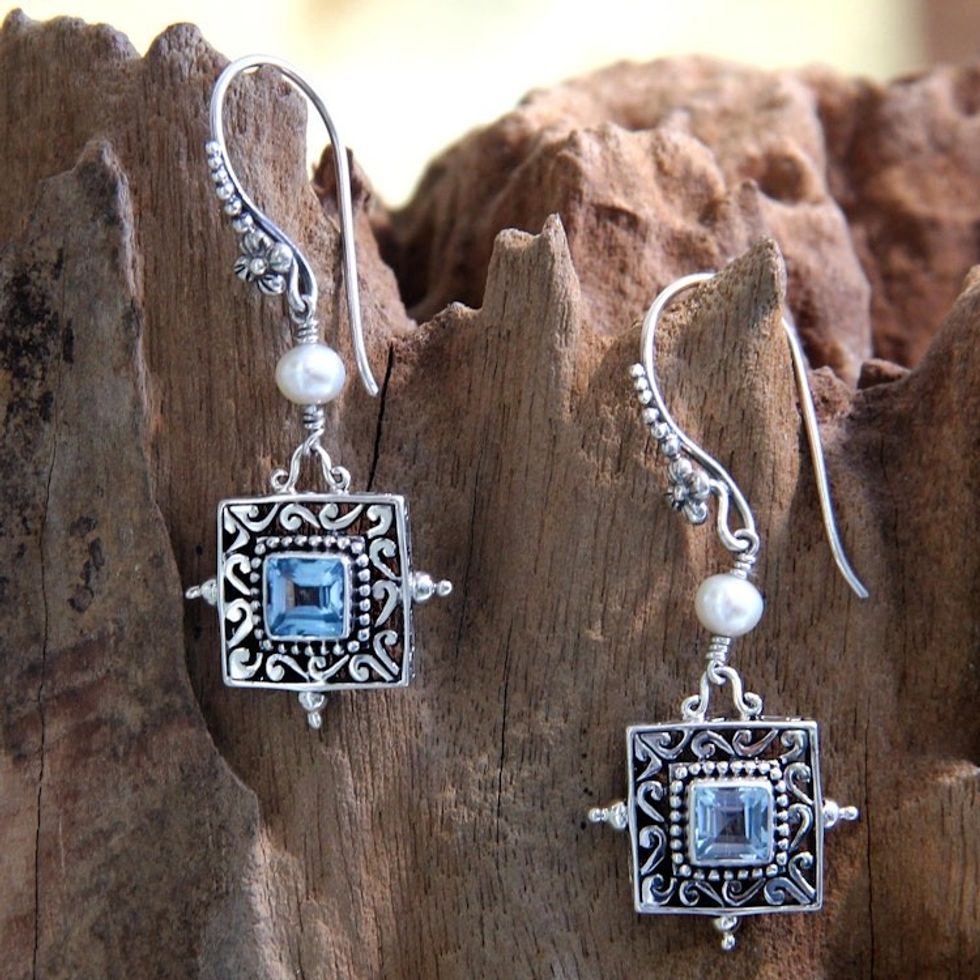 Blue Topaz and Pearl Silver Dangle Earrings 'Celuk Muse'