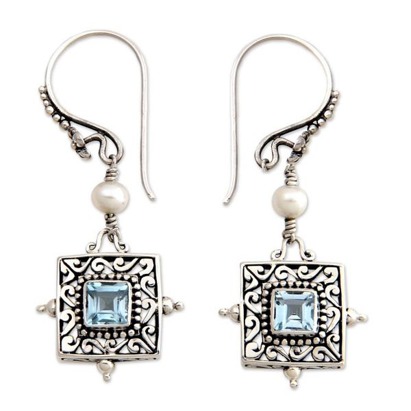 Alternate image for Blue Topaz and Pearl Silver Dangle Earrings Celuk Muse
