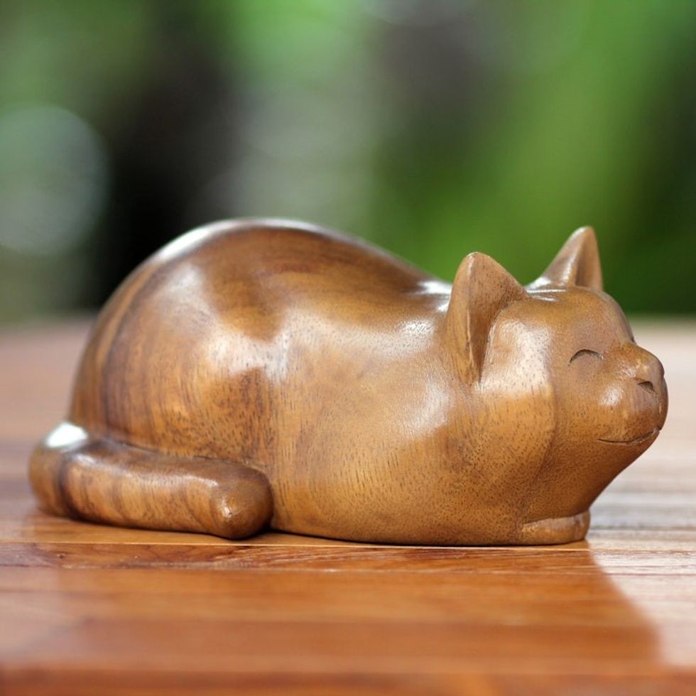 Carved Wood Animal Sculpture 'Kitty Cat Bliss'