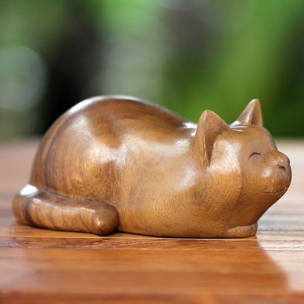 Alternate image for Carved Wood Animal Sculpture Kitty Cat Bliss