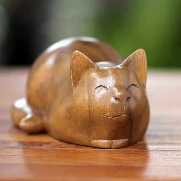 Alternate image for Carved Wood Animal Sculpture Kitty Cat Bliss