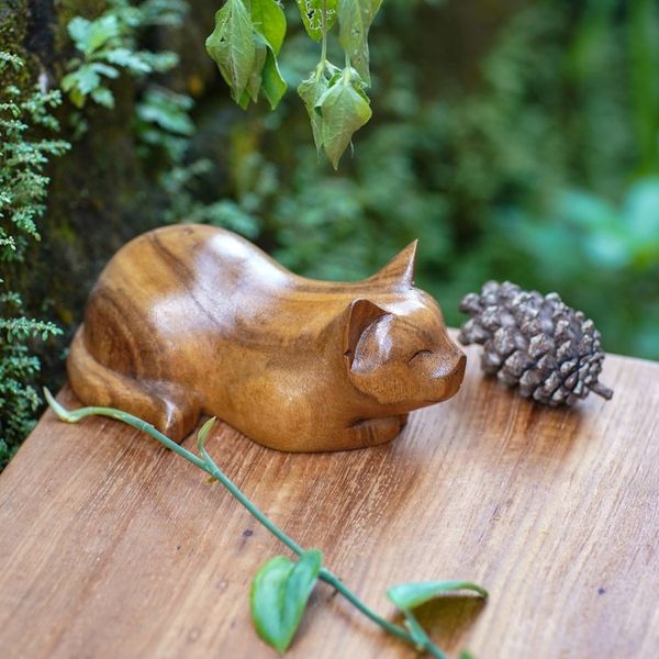 Alternate image for Carved Wood Animal Sculpture Kitty Cat Bliss