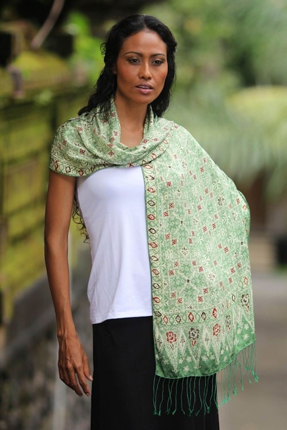 Unique Indonesian Women's Batik Silk Shawl 'Emerald Garden'
