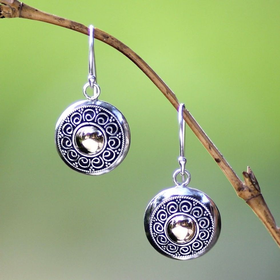 Artisan Crafted Gold Accent and Silver Earrings 'Golden Sunflowers'